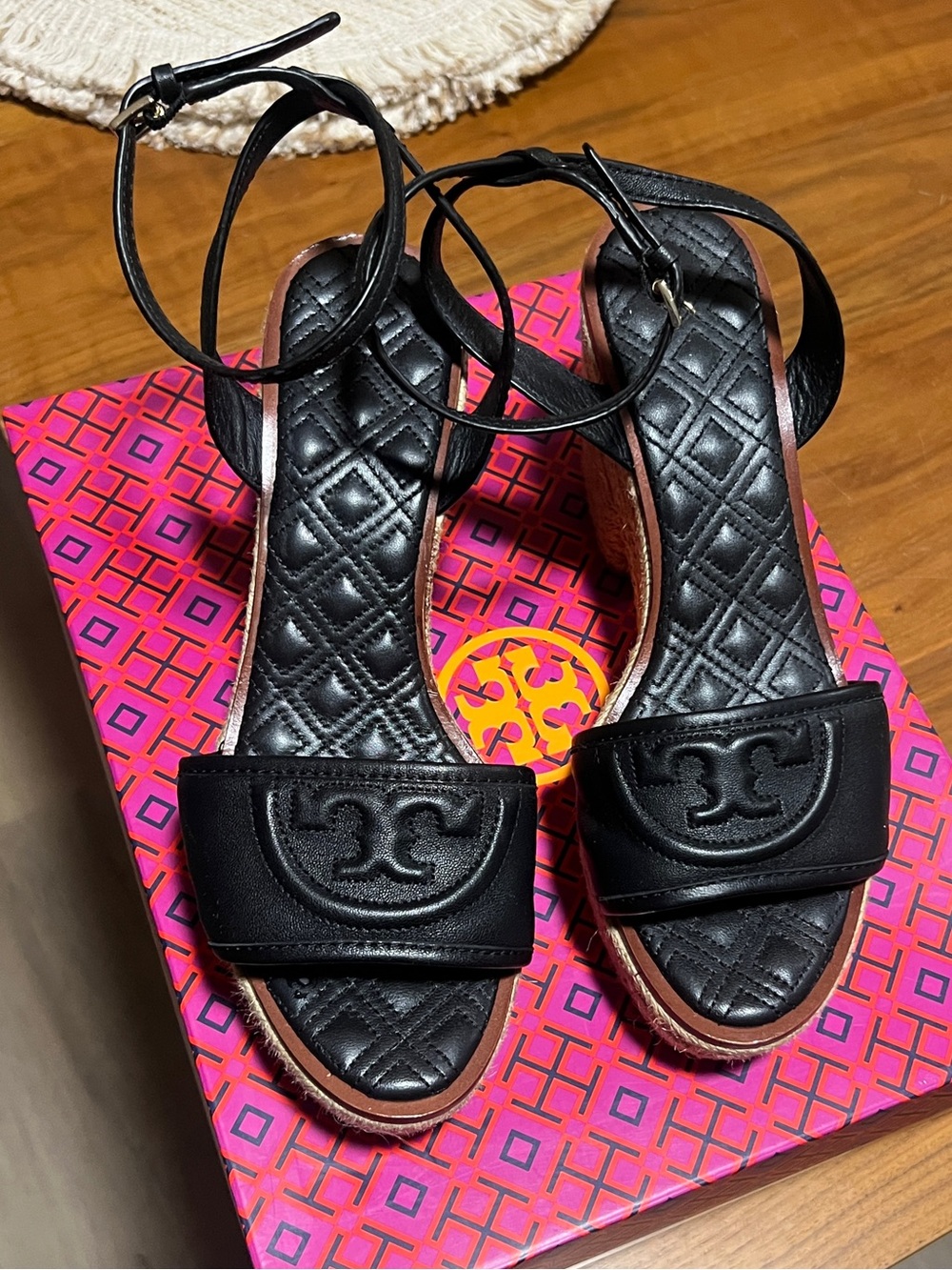 Tory Burch Black Quilted Leather Espadrille Wedge Sandals with Ankle Strap - Picture 2 of 5